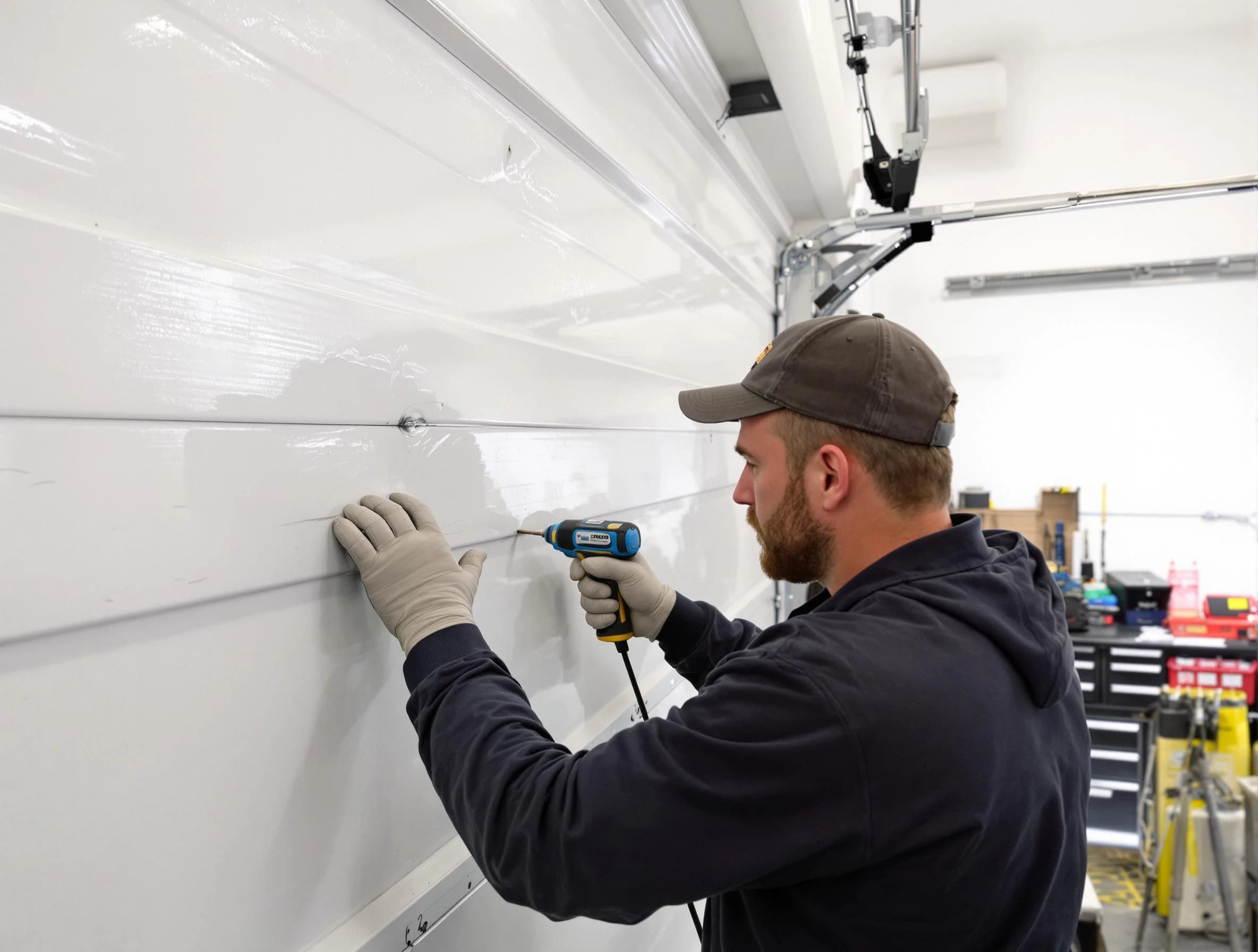 Broomfield Garage Door Repair technician demonstrating precision dent removal techniques on a Broomfield garage door