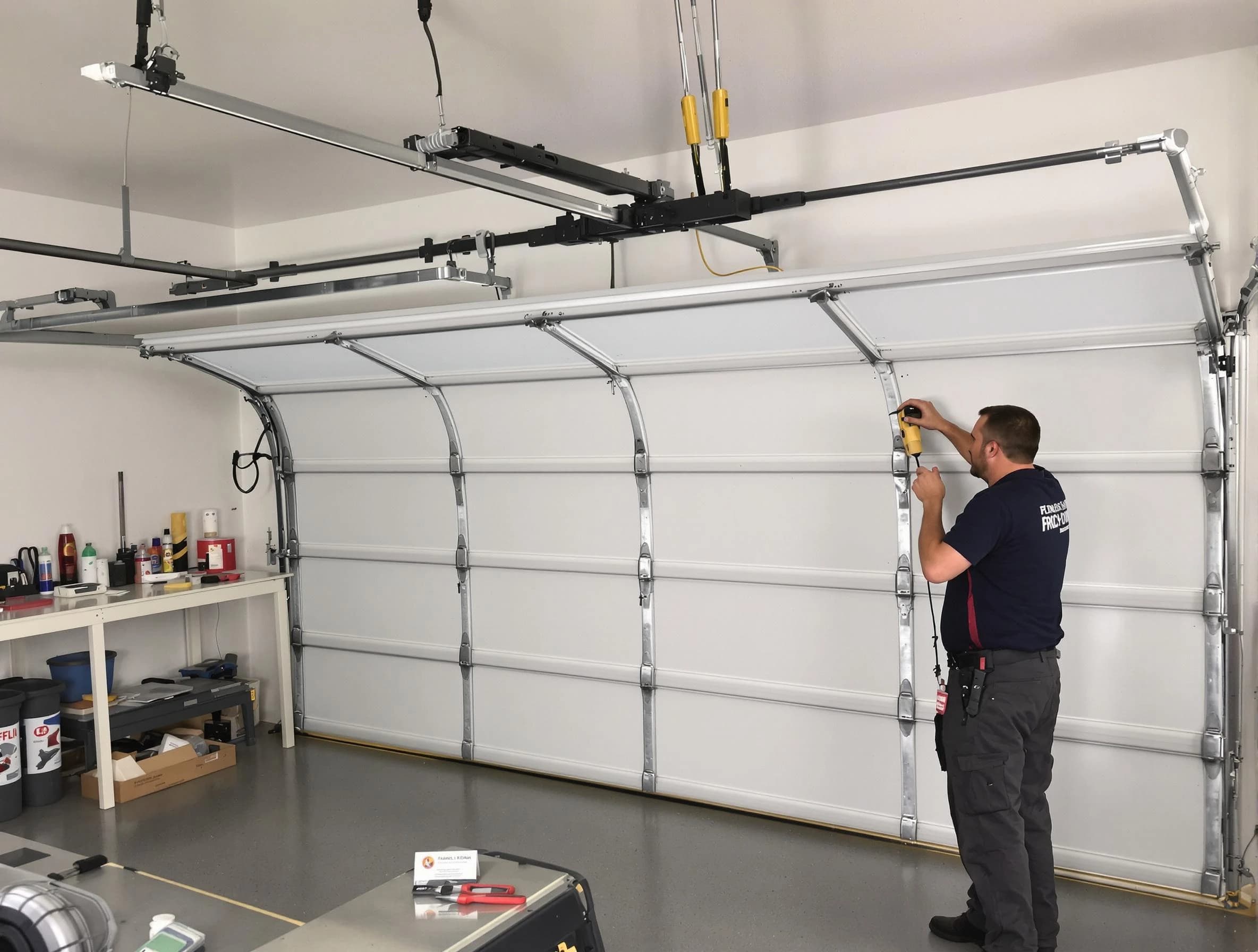 Broomfield Garage Door Repair certified technician performing overhead door system repair in Broomfield